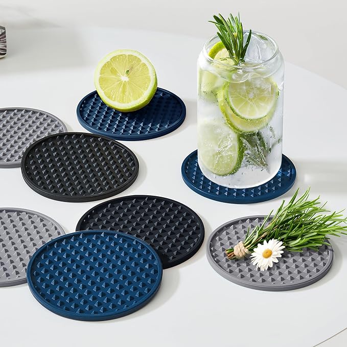 Coasters for Drinks, Silicone Coasters Set of 6 with Metal Holder, Outdoor Coaster for Coffee Table, Non-Slip Rubber Table Cup Mat Desk, Heat Resistant & Scratch-Proof (Black)