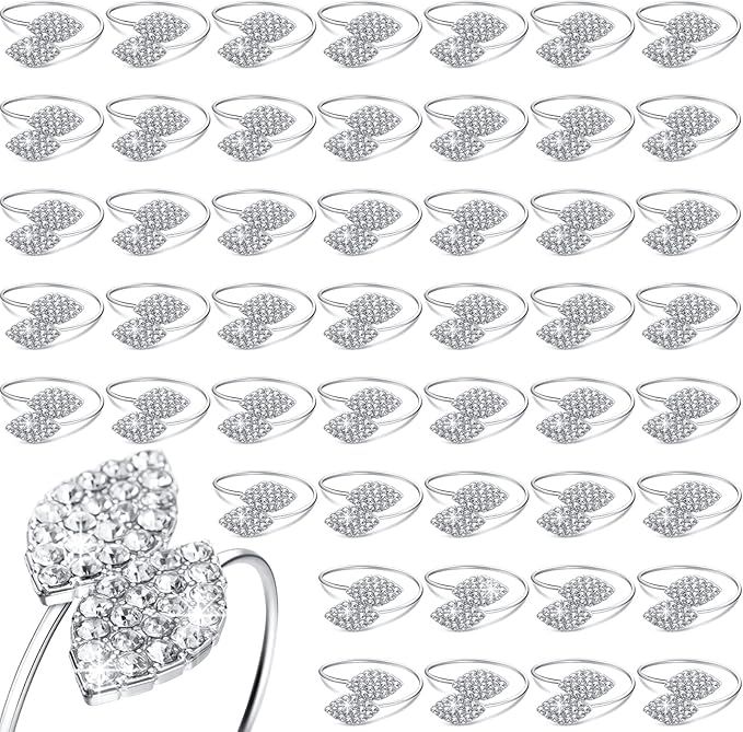 Hotop 100 Pcs Silver Holiday Napkin Rings Set Silver Bling Winter Napkin Rings Bulk Metal Leaves Holders Rhinestone Buckle for Wedding Christmas Dinner Gather Party Prom Table Decoration
