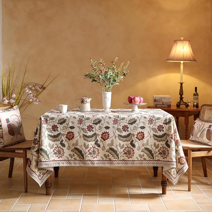 ISAENNE Designer Provence Floral Extra Long Tablecloth Rectangle,Linen Colorful Washable Indoor Table Cloth,Durable Decor Tablecloths for Dining Thanksgiving Kitchen Christmas,67"*118"-Ratina