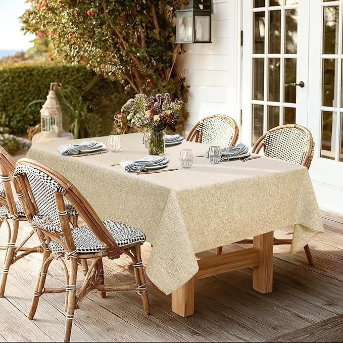 JIUZHEN Rectangle Table Cloth Faux Linen Farmhouse Tablecloth Wrinkle and Stain Resistant Decorative Fabric Table Cover for Kitchen, Dining Room, Parties and Camping, Beige, 60 x 140 Inch