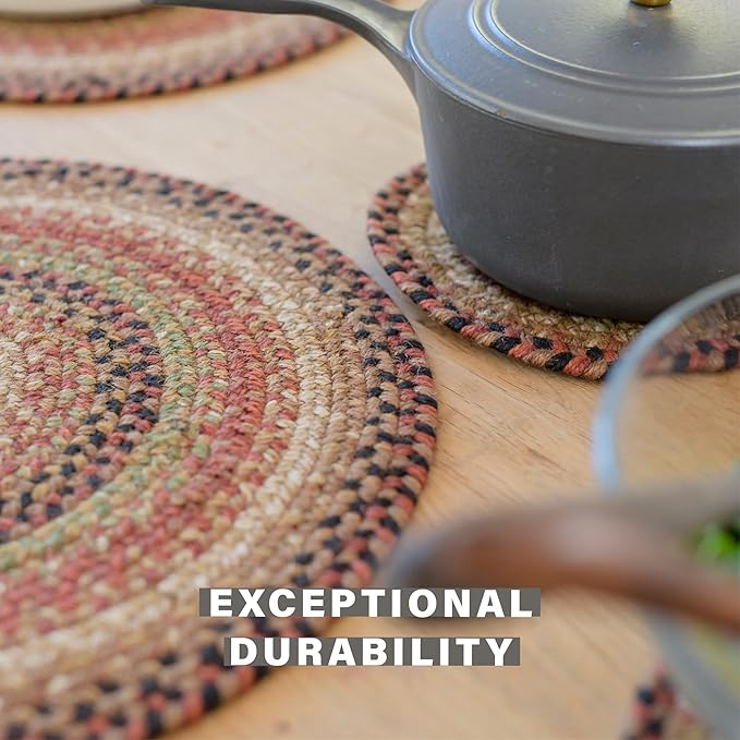 Homespice Gingerbread Round Braided Placemats, Warm Country Decor, Set of 2, 15", Brown Jute Table Mats - Vibrant Colors, Durable, Easy to Clean and Protects Furniture