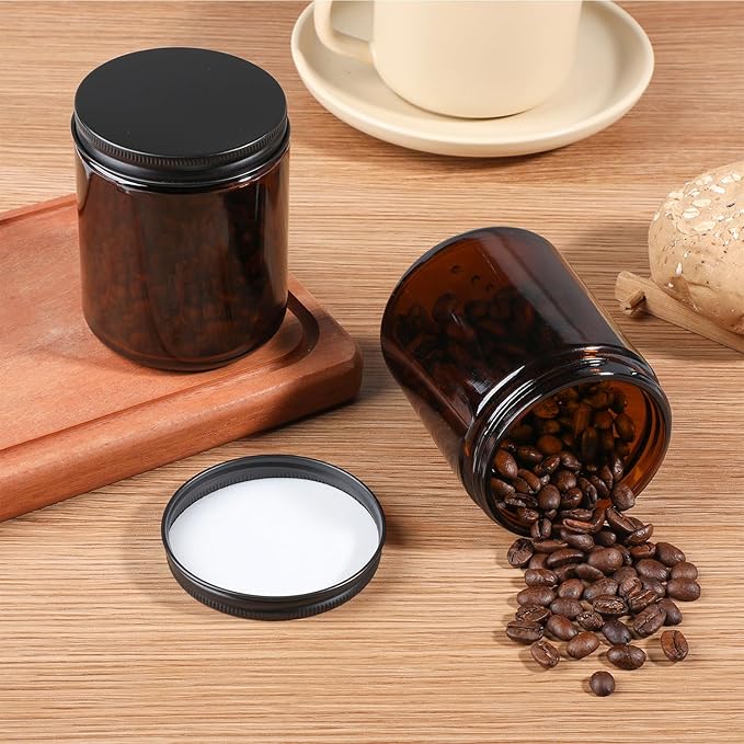 Goiio 6 Pack Amber Glass Jars, 8 Oz Thick Amber Round Glass Jars, with Black Metal Lids, for Spice, Liquid, Sample, Leakproof and Dishwasher Safe