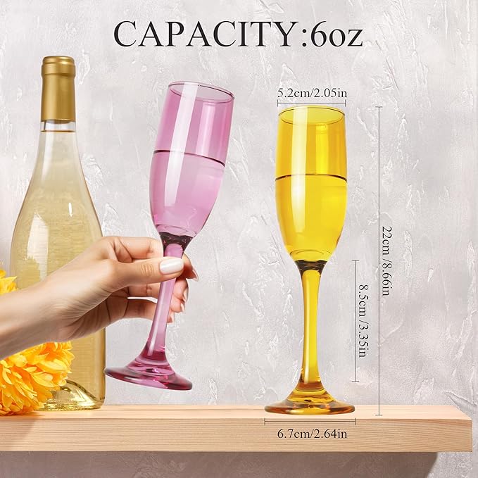 Champagne Flutes Glasses Set of 6-6oz Multi Colored Glass, Unique Colorful Long Stem Champagne Flute Gift for Wedding, Anniversaries, Parties, Birthday, Restaurant, Home Bar