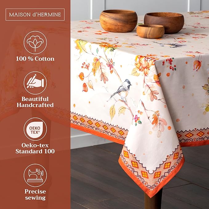 Maison d' Hermine Table Cloth Rectangle Table 100% Cotton 70 x 108 Inches Fall Tablecloth Reusable Everyday Use for Thanksgiving Christmas Decorations Dining Farmhouse Party (Kelim - Prairie)