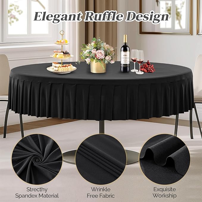 6 Pack Black Spandex Round Tablecloths for 60 inch Table, Stretchy Fitted 5FT Round Table Cloth with Wrinkle Free Skirt for Wedding Party Dining Banquet