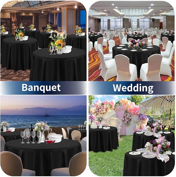 PureFit 10 Pack Round Black Table Cloths 90 Inch for Round Tables, Stain and Wrinkle Resistant Table Linens for Home Use, Wedding, Party, Banquet and Camping