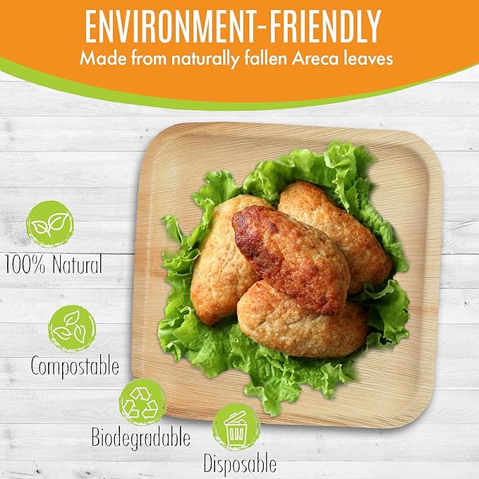 Raj Palm Leaf Plates Bulk [50-Pack] 10" Square Plates (100 CASES - 5000 PACK) like Bamboo plates Disposable, Strong, Decorative Compostable Tableware for weddings, Lunch, Dinner, Birthday etc