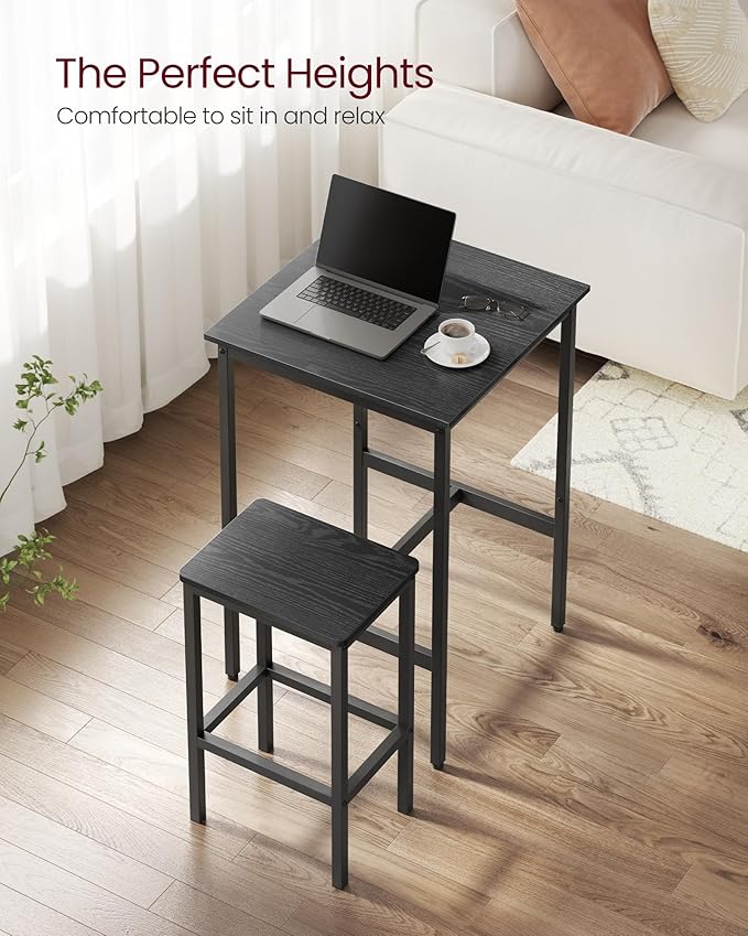VASAGLE Bar Table and Chairs Set, Square Table with 2 Stools, Dining Pub Set for 2, Space Saving for Kitchen Breakfast, Living Room, Party Room, Ebony Black and Ink Black