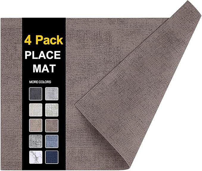 homing Faux Leather Heat Resistant Placemats 4 Packs, Waterproof Wipeable Dining PU Place Mats for Indoor & Outdoor, Easy to Clean, Brown