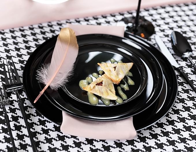 PLASTICPRO [30 Pack 10.6 Plastic Party Plates Edge Collection Black Premium heavyweight Elegant Disposable Tableware Dishes Black