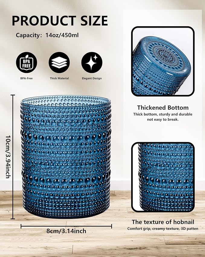 YOUBET 24PCS Plastic Drinking Glasses - 14OZ Blue Hobnail Drinkware Glasses - Vintage Glassware Textured Beaded Cups for Water, Beer, Whiskey, Juice and Various Mixed Drinks