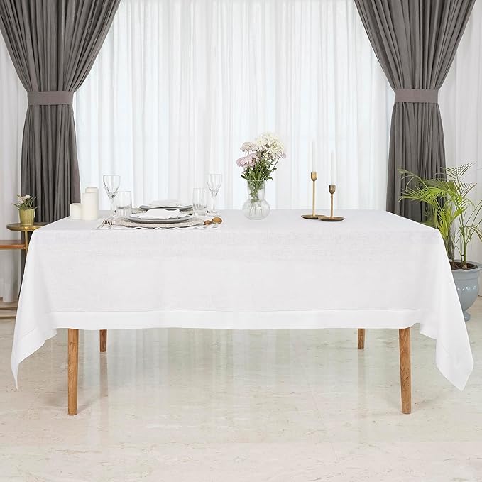 D'Moksha Homes White Linen Tablecloth 60 x 120 Inch - 100% Pure Linen Tablecloth for Rectangle Tables - Machine Washable Table Cloth for Valentines, Spring, Easter