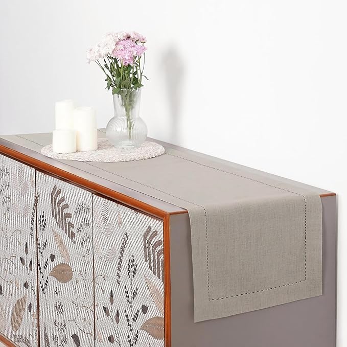 D'Moksha Homes Linen Natural Table Runner 84 Inches Long - 100% Pure Linen Table Runner 14 x 84 Inch for Valentines, Spring, Easter - Classic Hemstitch
