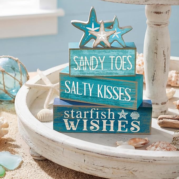 4 Pcs Summer Table Decorations Beach Tiered Tray Decor Starfish Coastal Rustic Wooden Block Sign Stacked Book Nautical Table Centerpiece for Farmhouse Home Living Room Office Desk Shelf Mantel