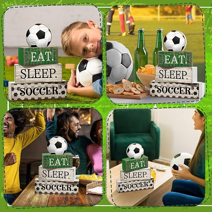 4 Pcs Soccer Wooden Tabletop Decor Soccer Tiered Tray Decor Rustic Wood Block Sign Gift Centerpiece Farmhouse Table Sign for Home Boys Room Office Shelf Birthday Party