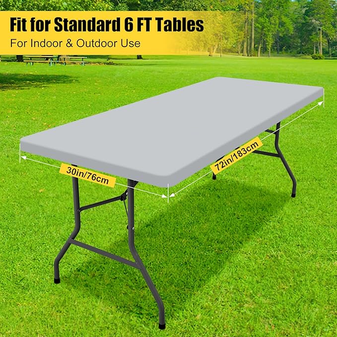 Smiry Rectangle Tablecloth, Elastic Fitted Flannel Backed Vinyl Tablecloths for 6ft Folding Tables, Waterproof Wipeable Table Covers for Indoor, Outdoor, Picnic and Camping (Light Grey, 30"x72")