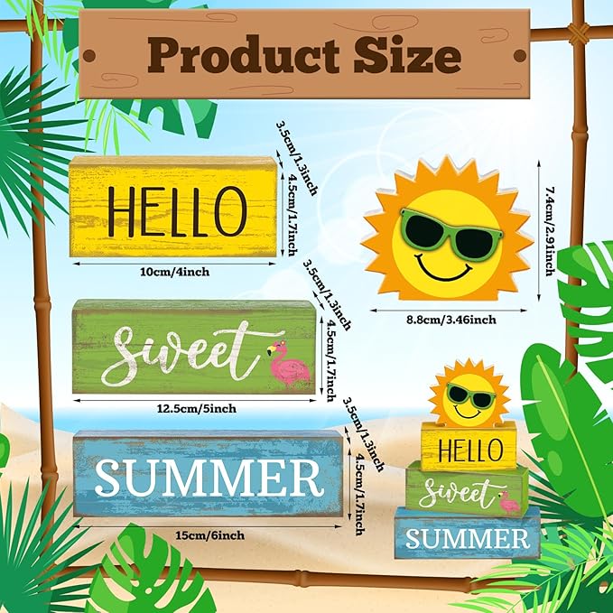4 Pcs Summer Wooden Tabletop Decor Hello Sweet Summer Tiered Tray Decor Sunshine Centerpiece Rustic Summertime Decorative Block Signs Gift Farmhouse Table Decoration for Home Kitchen