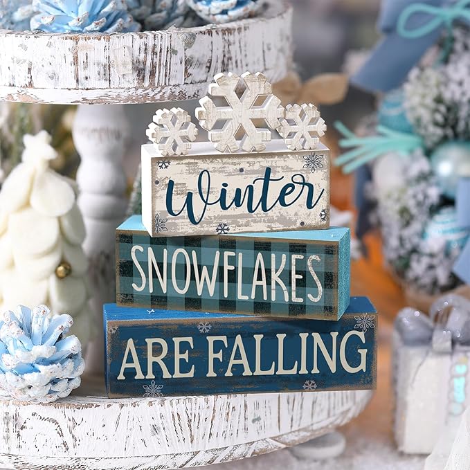 6 Pcs Winter Snowflakes Table Decorations Christmas Snowflake Centerpieces for Tables Winter Tiered Tray Decor Rustic Wood Snow Sign Farmhouse for Wonderland Party Kitchen Shelf Home