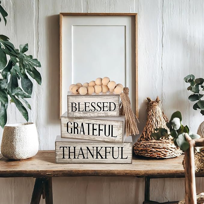 4 Pcs Farmhouse Wooden Tabletop Decor Farmhouse Tiered Tray Decor Rustic Retro Wood Bead Garland Blessed Grateful Thankful Block Sign Neutral Centerpiece Sign for Home Office Shelf Mantle