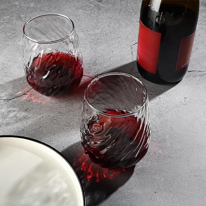 Stemless Wine Glasses Set of 12, 17Oz Red/White Wine Glasses with No Stem, Chiseled Textured Glassware Set for Daily Use, Home Bar, Birthdays, Housewarming Gift, Dishwasher Safe