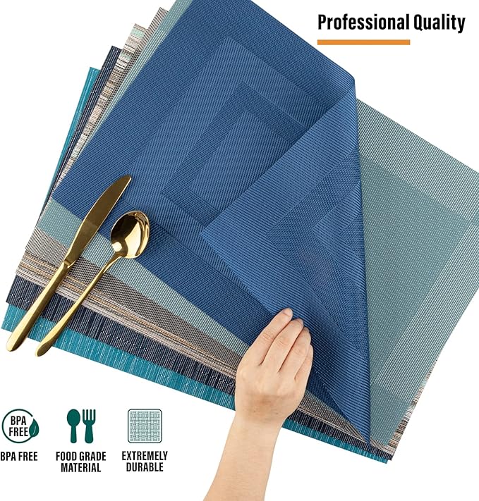 Winknowl Placemats, Washable Vinyl Woven Indoor and Outdoor Heat Stain and Water Resistant Elegant Table Mats for Dining Table Set of 8 (Blue)