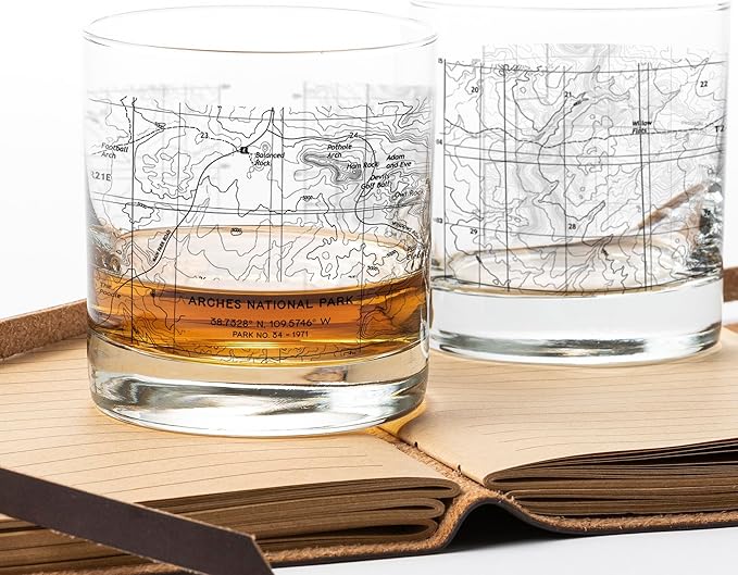 Black Lantern Whiskey Glasses - National Park Topographic Map Old Fashioned Glasses - 11oz. Rock Glass Set of 2 - Cocktail & Everyday Use Drinking Glasses - Dishwasher Safe (Joshua Tree)
