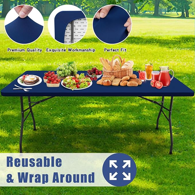 Spandex 4 Foot Rectangle Table Cloth 2 Pack, Elastic Fitted Tablecloths for Picnic, Stretch Washable Patio Table Cover for Outdoor, Camping, Banquet and Parties (Navy, 30"x48")
