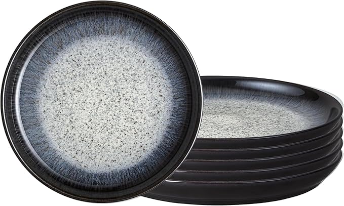 Denby - Halo Coupe Dinner Plates Set of 6-10.25 Inch Reactive Glaze, Dishwasher Microwave Oven Safe - Scratch Chip Resistant - Grey, Black Large Ceramic Stoneware Dinnerware Plates Set