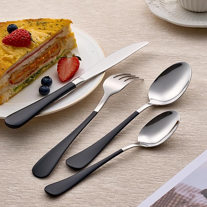 20-Piece Black Silverware Set 18/0 Stainless Steel Silverware Set Black Handle Cutlery Set Service for 4 Dinner Knives Forks Spoons Set Flatware Set Finish Dishwasher Safe