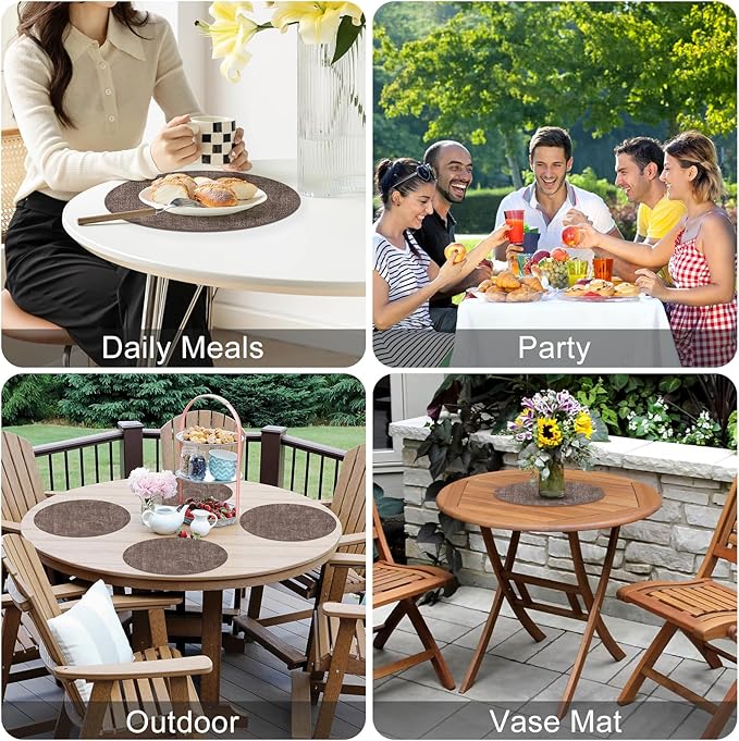 Homaxy Round Faux Leather Placemats and Coasters, Washable Dual-Side Table Mats, Wipeable Heat-Resistant Dining Place Mats for Outdoor and Indoor, Set of 8, Diameter 13 and 3.93 inch, Dark Brown