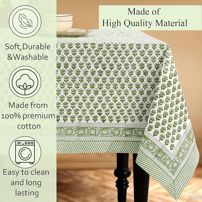 CPC Tablecloth 100% Cotton 60x60 Inch Indian Block Print Square Table Cover, Table Cloth for Weddings, Spring/Summer, Barbeque - Emerald Green