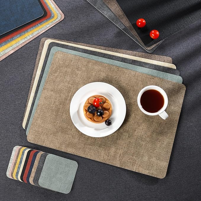 Myir JUN Placemats Dual Sided, Faux Leather Place Mats Set of 4 Indoor Placemats for Dining Table Outdoor Placemats Square Non-Slip Washable Table Mats (Gray, Set of 4)