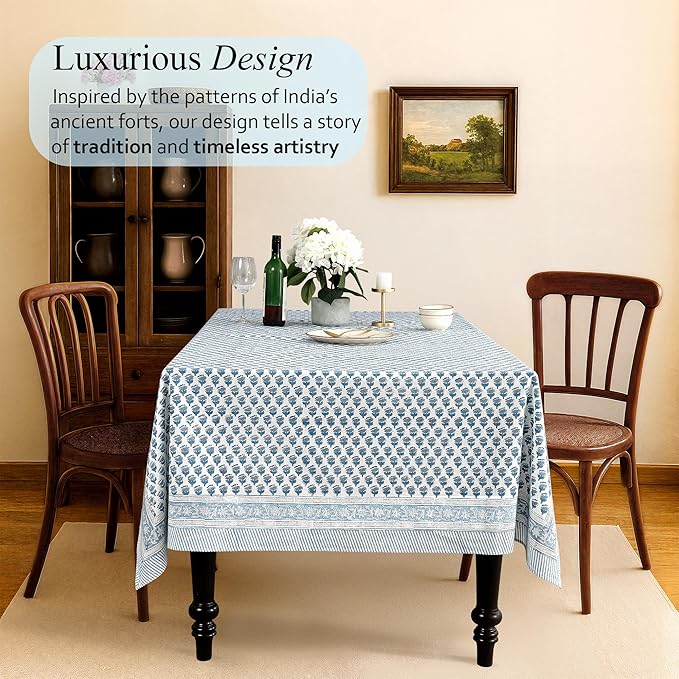 CPC Tablecloth 100% Cotton 70x118 Inch Indian Block Print Rectangle Table Cover, Table Cloth for Weddings, Spring/Summer, Barbeque - Apatite Blue