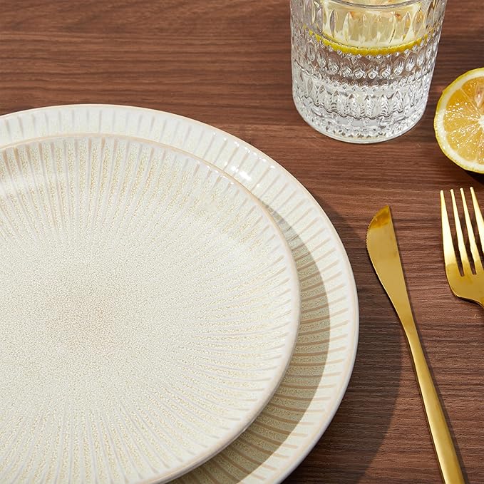 Ceramic Dinnerware Sets for 4, 12 Pieces Embossed Stoneware Plates and Bowls Sets, Scratch Resistant Dish Sets, Distinctive Granulated Surface, Housewarming Wedding Gift, Brown