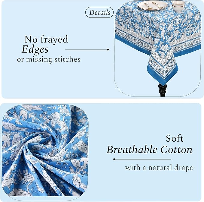 CPC Tablecloth 100% Cotton 70x118 Inch Indian Block Print Rectangle Table Cover, Washable Table Cloth for Weddings, Spring/Summer, Barbeque - Blue Sapphire