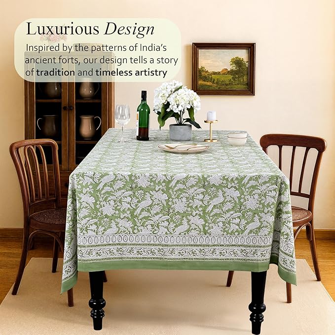 CPC Tablecloth 100% Cotton 72x140 Inch Indian Block Print Rectangle Table Cover, Green Table Cloth for Weddings, Spring/Summer, Barbeque - Olive Green