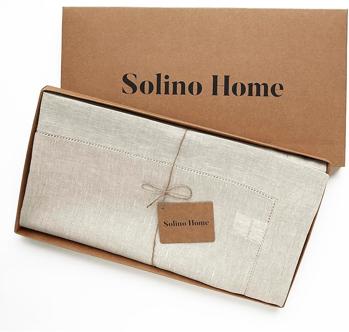 Solino Home Light Natural Linen Tablecloth 60 x 132 Inch - Classic Hemstitch, 100% Pure Linen Rectangular Tablecloth - Machine Washable Table Cloth for Spring, Easter