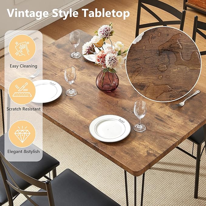 VECELO Dining Table Set for 4, Kitchen Table Set with 4 Chairs for Small Space, Space-Saving and Modern Design, Apartment, Easy to Assemble,Classic Brown