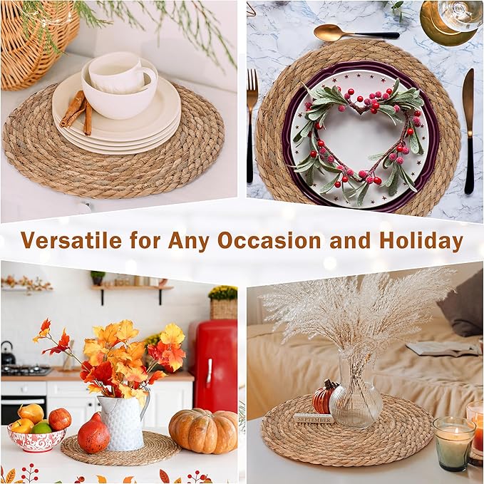 GENMOUS Woven Placemats Set of 12, 13" Round Placemats Natural Water Hyacinth Boho Placemats,Farmhouse Rattan Chargers for Dinner Plates,Rustic Braided Wicker Table Mats for Dining Table,Home,Wedding