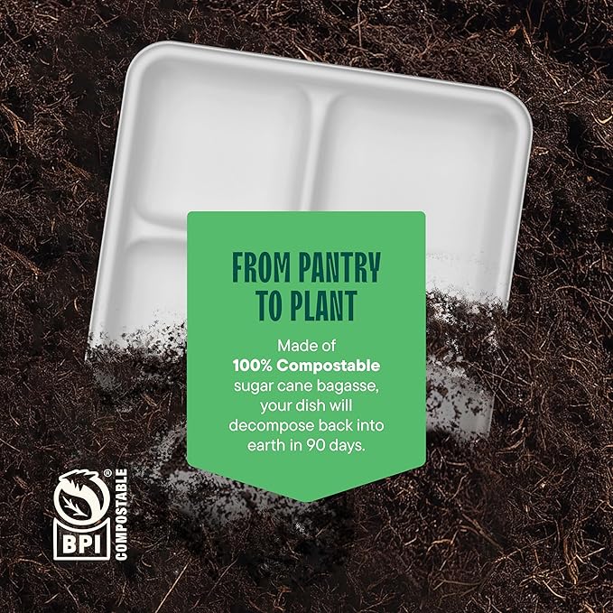 100% Compostable, Large 5 Compartment, Disposable Tray [100-Pack] - [12.5 Inch] Heavy Duty Biodegradable Bagasse Sectional Lunch Trays + Dividers - Divided Platter - (PFAS Free) (BPA Certified)