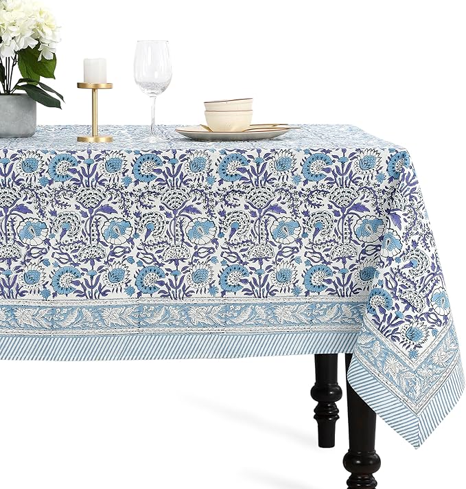 CPC Tablecloth 100% Cotton 72x140 Inch Indian Block Print Rectangle Table Cover, Blue Table Cloth for Weddings, Spring/Summer, Barbeque - Indigo Blue