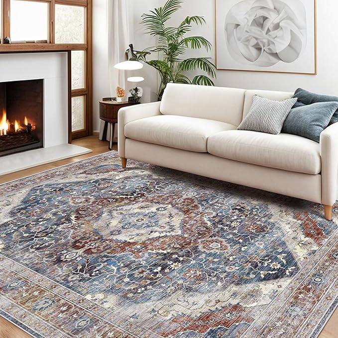 Deerly 3x5 Area Rug with Non-Slip Backing, Washable Rugs for Bedroom Living Room Kitchen, Distressed Carpet Printed Low-Pile Soft Dorm Rug Room Decor(Border Brown/Navy Blue)