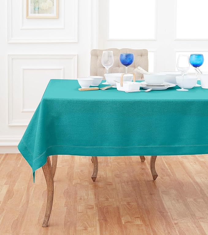 Solino Home Linen Teal Tablecloth 60 x 120 Inch - Classic Hemstitch, 100% Pure Linen Rectangular Tablecloth - Machine Washable Table Cloth