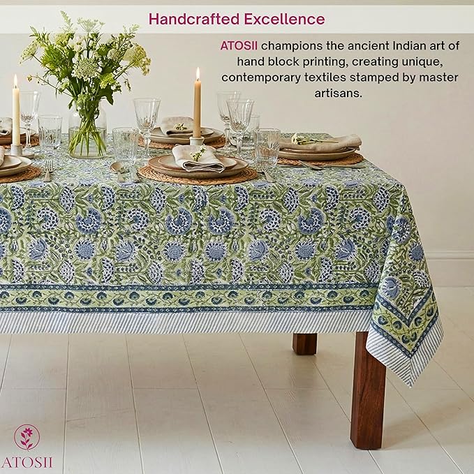 ATOSII Amara 100% Cotton Fall Tablecloth, Handblock Floral Print Rectangle Linen for Kitchen Dining I Parties Wedding Outdoors Picnics Easter I Spring Summer 72 X 120 Inches I 10 Seater Table