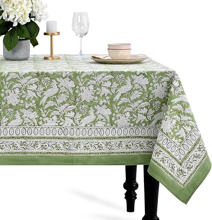 CPC Tablecloth 100% Cotton 72x160 Inch Indian Block Print Rectangle Table Cover, Blue Table Cloth for Weddings, Spring/Summer, Barbeque - Olive Green