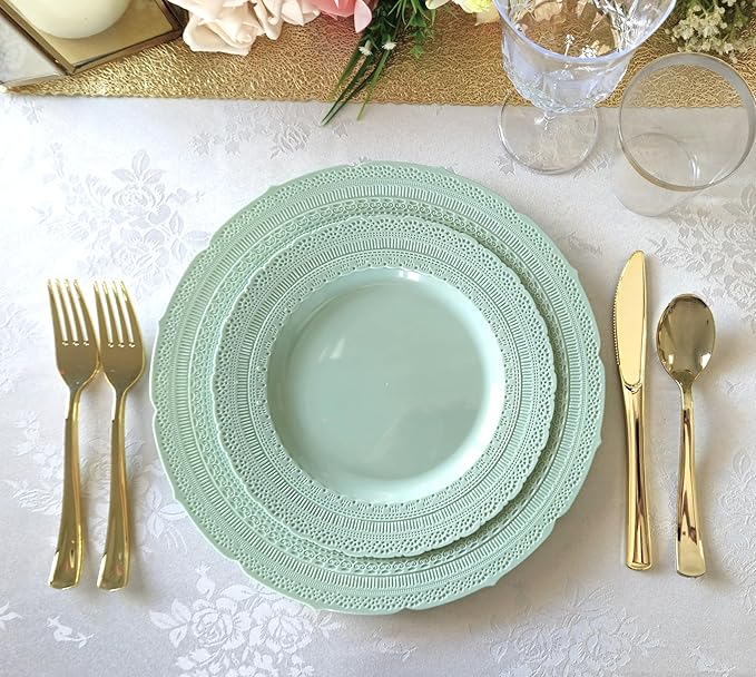 " OCCASIONS " 240 Plates Pack,(120 Guests) Extra Heavyweight Vintage Wedding Disposable/Reusable Plastic Plates 120x11'' Dinner + 120x8.25'' Salad/Dessert Plate (Chateau Mint)