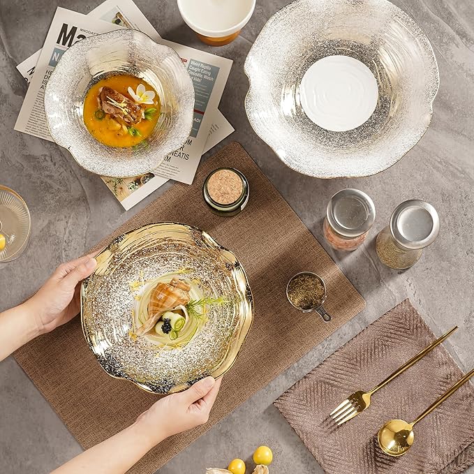 Handmade Ceramic Pasta Bowl 10.4 Inch, Wave Edge Gold Rim Soup Bowl, Set of 4 Reinforced Porcelain Bowls, 1kg Each, Dishwasher Safe Dinner Bowls