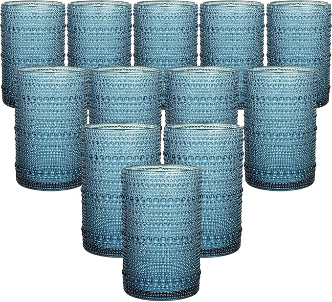 Vintage Hobnail Drinking Glasses Set of 12, 15oz Textured Tumblers - Embossed Blue Bar Glasses for Cocktails, Beer, Whiskey, Dishwasher-Safe Highball Cups for Kitchen, Juice & Mixed Drinks