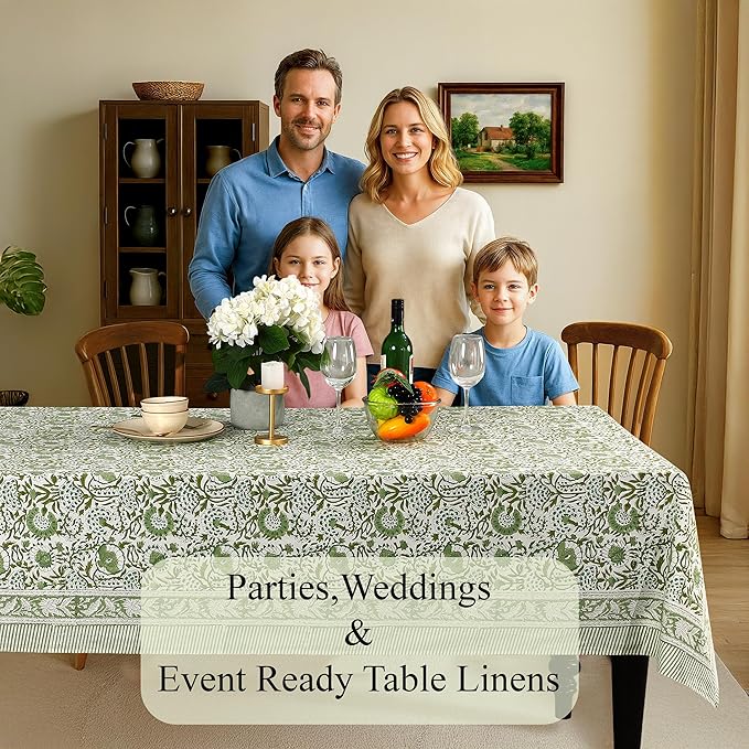 CPC Tablecloth 100% Cotton 70x118 Inch Indian Block Print Rectangle Table Cover, Table Cloth for Weddings, Spring/Summer, Barbeque -Agate Green