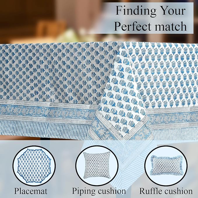 CPC Tablecloth 100% Cotton 70x118 Inch Indian Block Print Rectangle Table Cover, Table Cloth for Weddings, Spring/Summer, Barbeque - Apatite Blue